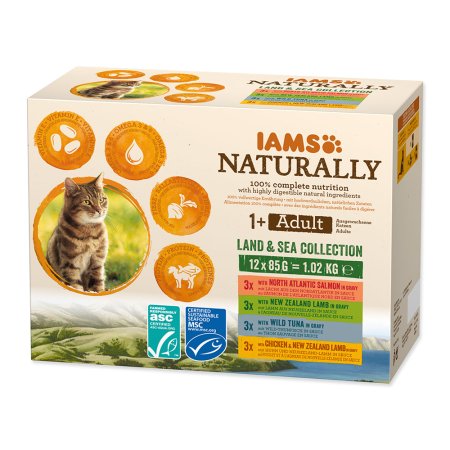 Kapsičky IAMS Cat Naturally výběr z mořských a suchozemských mas v omáčce multipack 12 x 85g