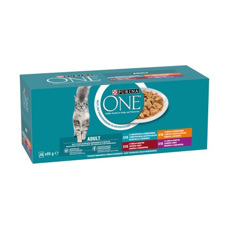Purina One Adult minifiletky s jehněčím / mořskými rybami / kuřetem / hovězím a zeleninou ve šťávě Multipack 40 x 85 g