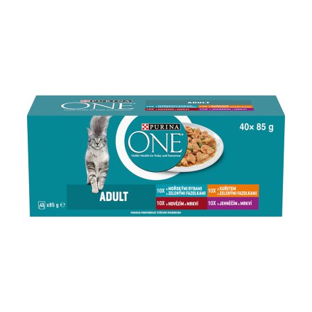 Purina One Adult minifiletky s jehněčím / mořskými rybami / kuřetem / hovězím a zeleninou ve šťávě Multipack 40 x 85 g