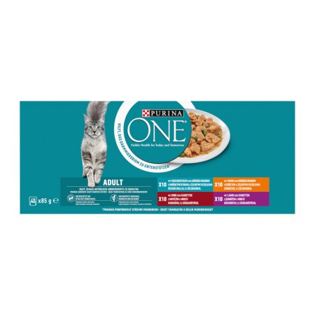 Purina One Adult minifiletky s jehněčím / mořskými rybami / kuřetem / hovězím a zeleninou ve šťávě Multipack 40 x 85 g