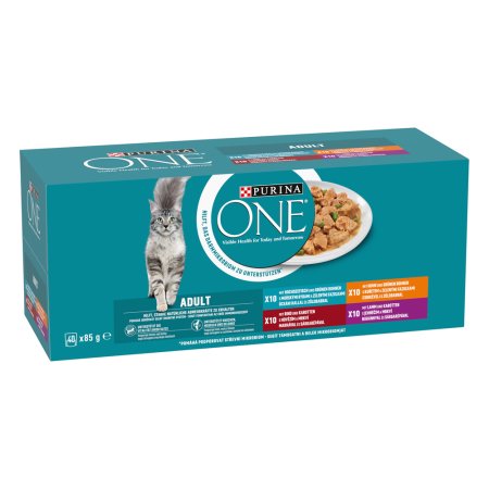 Purina One Adult minifiletky s jehněčím / mořskými rybami / kuřetem / hovězím a zeleninou ve šťávě Multipack 40 x 85 g