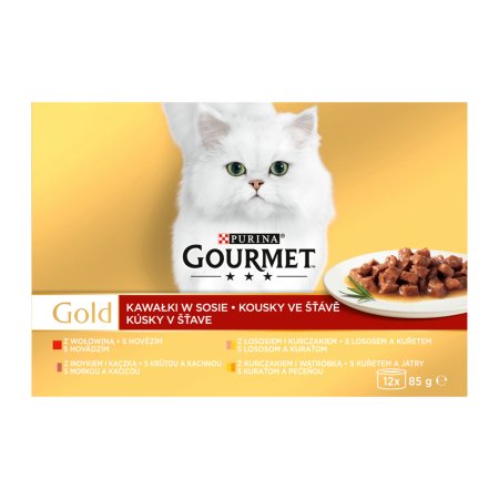 Gourmet Gold hovězí/ krůta s kachnou/losos s kuřetem/kuře s játry ve šťávě Multipack 12 x 85 g