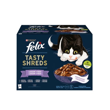 Felix Tasty Shreds hovězí / kuře / losos / tuňák ve šťávě Multipack 12 x 80 g