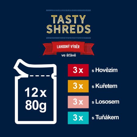 Felix Tasty Shreds hovězí / kuře / losos / tuňák ve šťávě Multipack 12 x 80 g