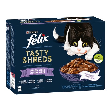 Felix Tasty Shreds hovězí / kuře / losos / tuňák ve šťávě Multipack 12 x 80 g