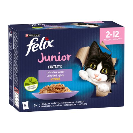 Felix Fantastic Junior hovězí / kuře / sardinky / losos v želé Multipack 12 x 85 g