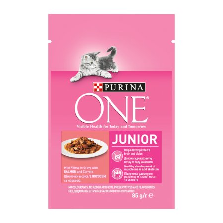 Purina One Junior Mini filetky s lososem a mrkví ve šťávě 26 x 85 g