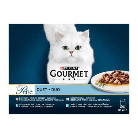 Gourmet Perle minifiletky losos-treska / mořské ryby-tuňák / losos-bělomasé ryby / sardinky-tuňák ve šťávě multipack 12 x 85 g