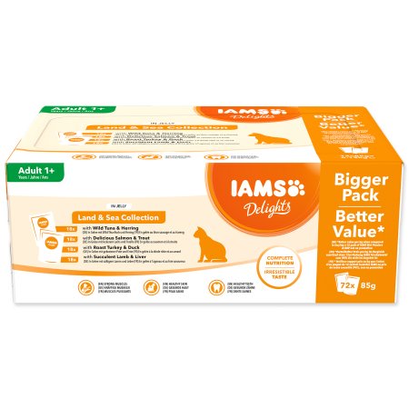 Kapsičky IAMS Delights mořské a suchozem. maso v želé multipack (72x85g)