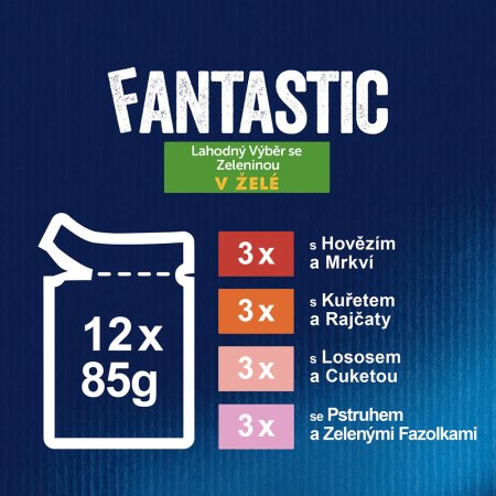 Felix Fantastic kapsička hovězí s mrkví, kuře s rajčaty, losos s cuketou, pstruh se zel. fazolkami 12 x 85 g