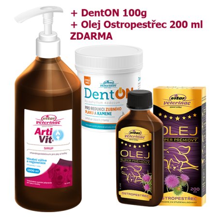 VITAR Veterinae Artivit Sirup 1000 ml s dávkovačem + DentON 100g + Ostropestřec olej 200 ml ZDARMA