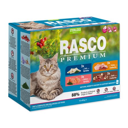 Kapsičky RASCO Premium Cat Pouch Sterilized - 3x salmon, 3x cod, 3x duck, 3x turkey 1020g