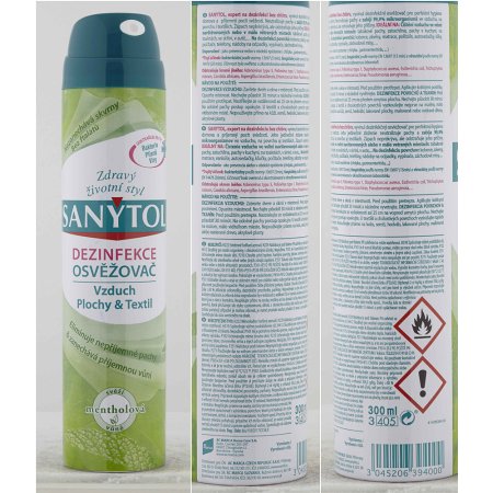 Sanytol dezinfekce osvěžovač vzduchu ploch a textilií mentolová vůně 300 ml