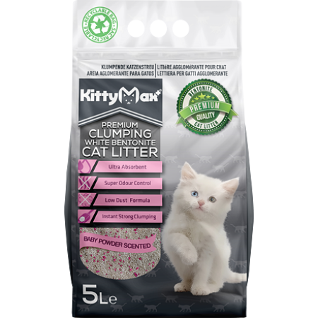 KITTYMAX hrudkující, bezprašný bílý bentonit BABY POWDER 5 l