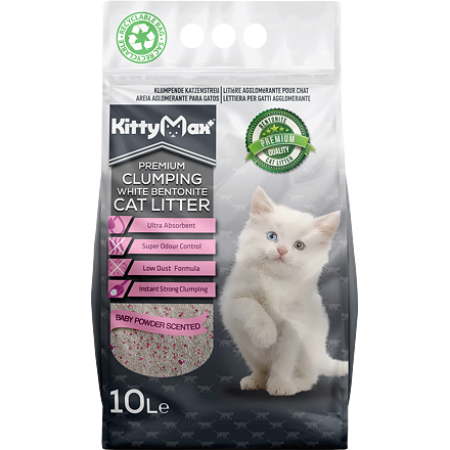 KITTYMAX hrudkující, bezprašný bílý bentonit BABY POWDER 10 l