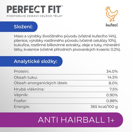 PERFECT FIT granule pro kočky Anti-hairball s kuřecím 1,4 kg
