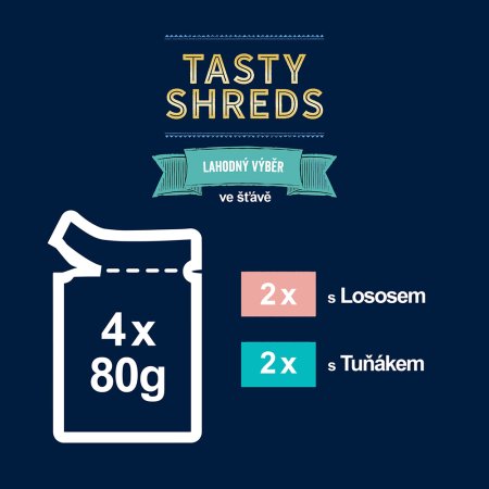 Felix Tasty Shreds Multipack s lososem a tuňákem ve šťávě 4 x 80 g