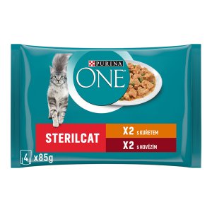 Purina One Multipack Sterilcat minifiletky s kuřetem a zelenými fazolkami s hovězím a mrkví ve šťávě 4 x 85 g