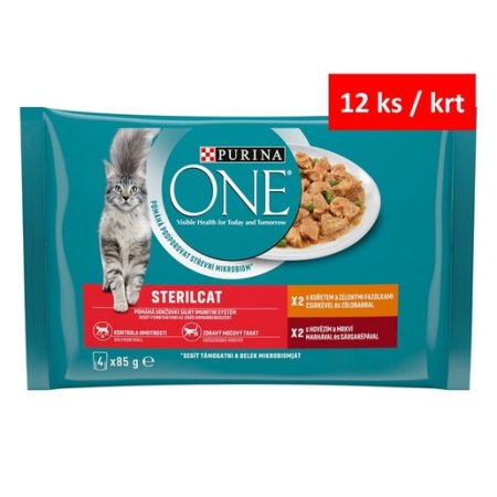 Purina One Multipack Sterilcat minifiletky s kuřetem a zelenými fazolkami s hovězím a mrkví ve šťávě 4 x 85 g