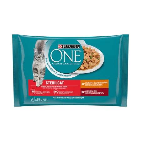 Purina One Multipack Sterilcat minifiletky s kuřetem a zelenými fazolkami s hovězím a mrkví ve šťávě 4 x 85 g