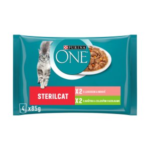 Purina One Multipack Sterilcat minifiletky s krůtou a zelenými fazolkami s lososem a mrkví ve šťávě 4 x 85 g