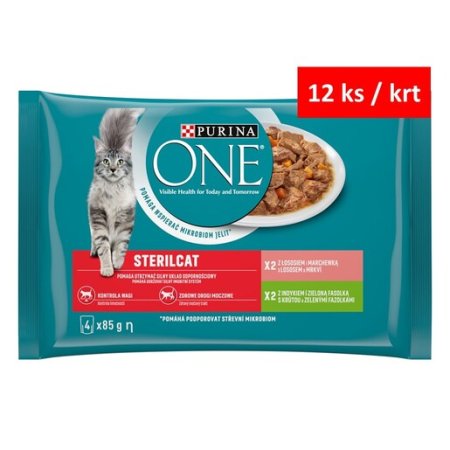 Purina One Multipack Sterilcat minifiletky s krůtou a zelenými fazolkami s lososem a mrkví ve šťávě 4 x 85 g