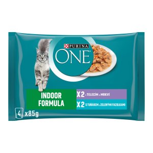 Purina One Multipack Indoor minifiletky s tuňákem a zelenými fazolkami s telecím a mrkví ve šťávě 4 x 85 g