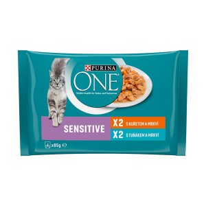 Purina One Multipack Sensitive minifiletky s kuřetem a mrkví s tuňákem a mrkví ve šťávě 4 x 85 g