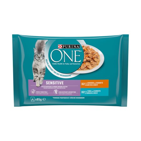 Purina One Multipack Sensitive minifiletky s kuřetem a mrkví s tuňákem a mrkví ve šťávě 4 x 85 g