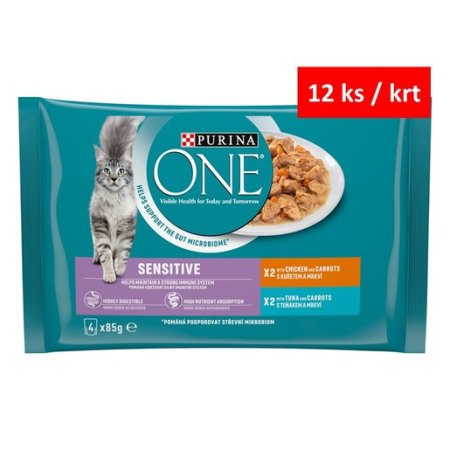 Purina One Multipack Sensitive minifiletky s kuřetem a mrkví s tuňákem a mrkví ve šťávě 4 x 85 g