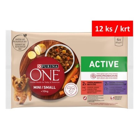 Purina One Mini Dog Active hovězí a kachna ve šťávě 4 x 85 g