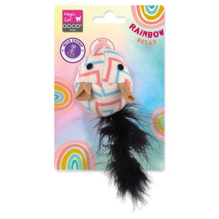 Hračka Magic Cat Rainbow Relax myš s pírkem a šantou kočičí bílá 5,5cm 