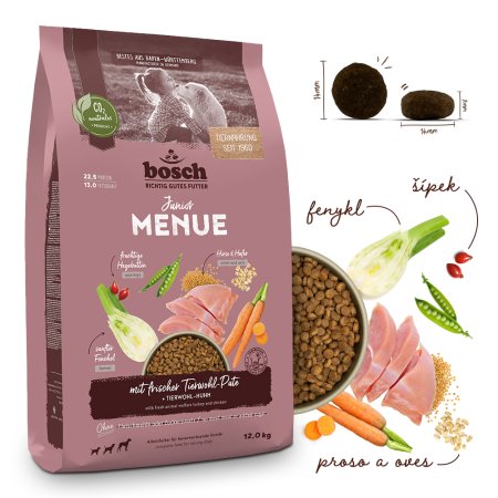 Bosch HPC MENUE Junior with animal welfare turkey + oats & millet 12 kg (POŠKOZENÝ OBAL)