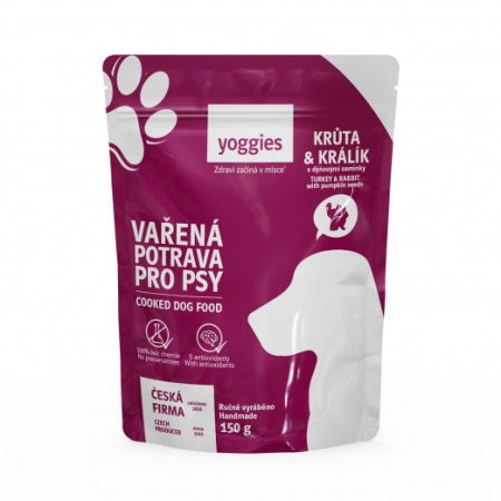 Yoggies Vařená potrava pro psy – krůtí a králičí maso s dýňovými semínky 150 g