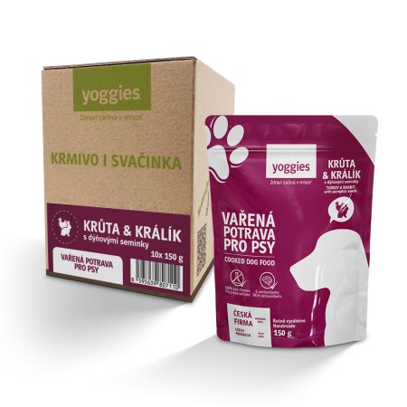 Yoggies Vařená potrava pro psy - krůtí a králičí maso s dýňovými semínky 10 x 150 g