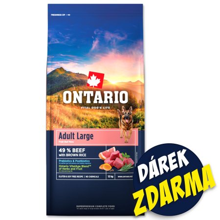 Krmivo Ontario Adult Large Beef & Brown Rice 12kg+Pochoutka Ontario kachna 500g