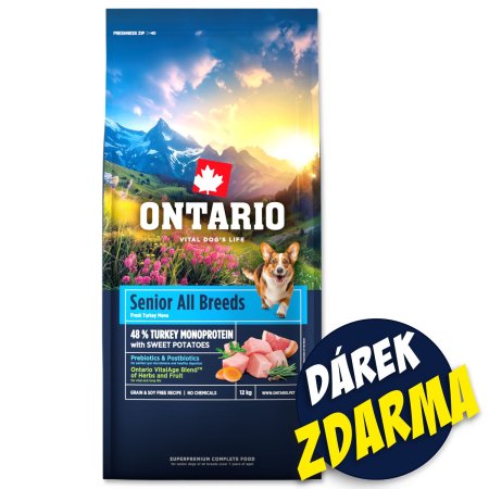 Krmivo Ontario Senior All Breeds Monoprotein Turkey&Sweet Potatoes12kg+Pochoutka Ontario kachna 500g