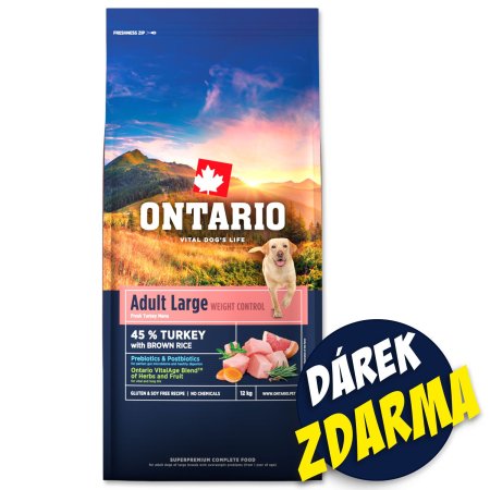 Krmivo Ontario Large Weight Control Turkey & Brown Rice 12kg+Pochoutka Ontario kachna 500g