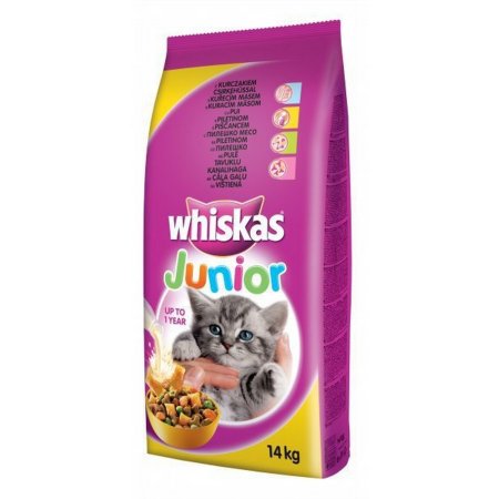 WHISKAS granule Junior s kuřecím masem 14 kg (POŠKOZENÝ OBAL, váha 13,8 kg)