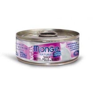 MONGE NATURAL tuňák s kuřecími prsy a hovězím pro kočky 80 g (EXPIRACE 03/2026)