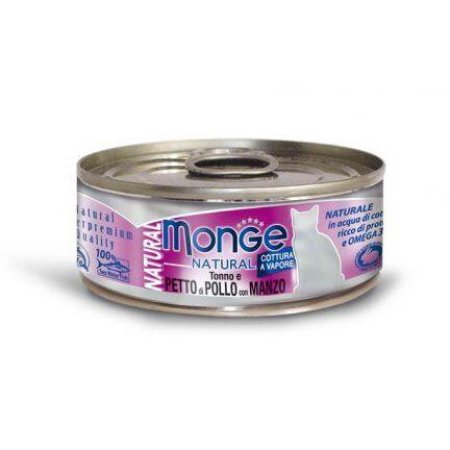 MONGE NATURAL tuňák s kuřecími prsy a hovězím pro kočky 80 g (EXPIRACE 03/2026)