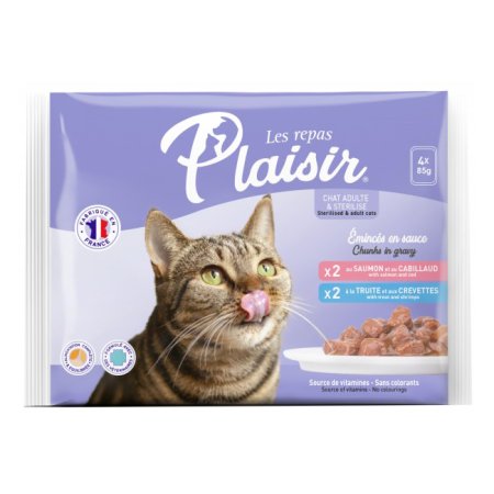 Plaisir cat Kapsa Multipack pro dospělé i kastrované kočky 4x85g (2xlosos, 2xpstruh) (EXPIRACE 02/2026)