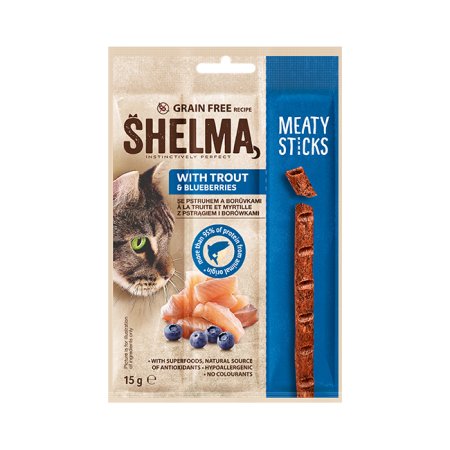 Shelma Snack masové tyčinky se pstruhem a borůvkami 15 g (EXPIRACE 08/2026)