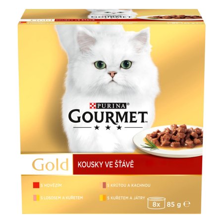Gourmet Gold hovězí/krůta s kachnou/losos s kuřetem/kuře s játry ve šťávě Multipack 8 x 85 g