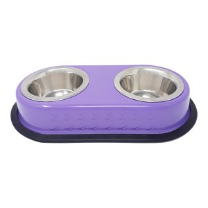 PROFIZOO Miska nerezová protiskluzová se stojanem s reliéfem tlapky 2x700 ml Purpurová